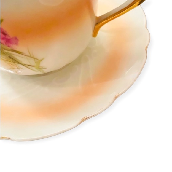 Antique Victorian Hand-Painted Peach Floral XL Shaving Scuttle Mug & Saucer Set - Picture 8 of 12